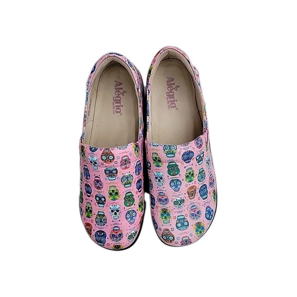 Alegria Skulls Womens Casual Shoes Size 42 U.S. 11.5 Medium Pink Leather Slip On
